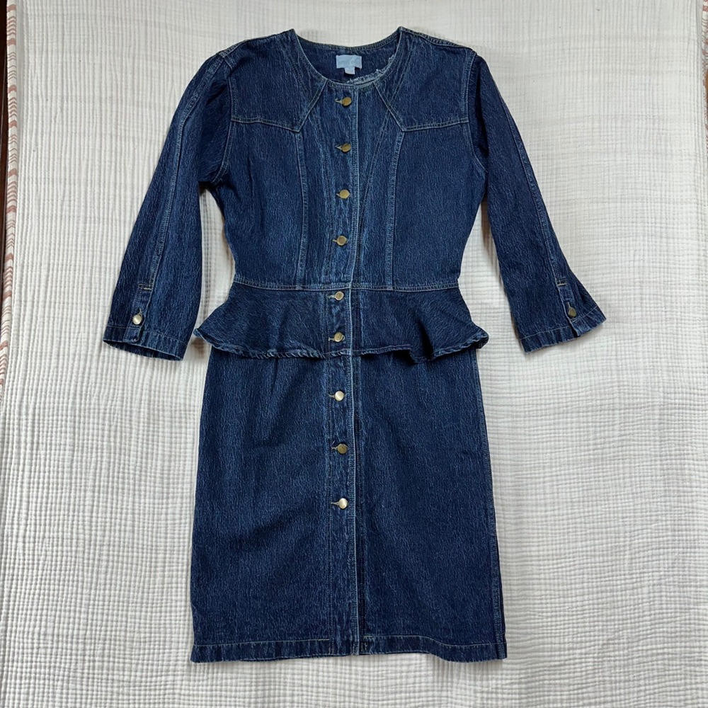 Betsy's Things 90s VTG Denim Peplum Button Front Midi Dress Dark Wash Blue Sz 7